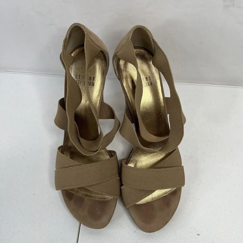 Stuart Weitzman Size 38 US 7.5 Heels‎ Elastic Strap Wrap Tan Suede High Chunky